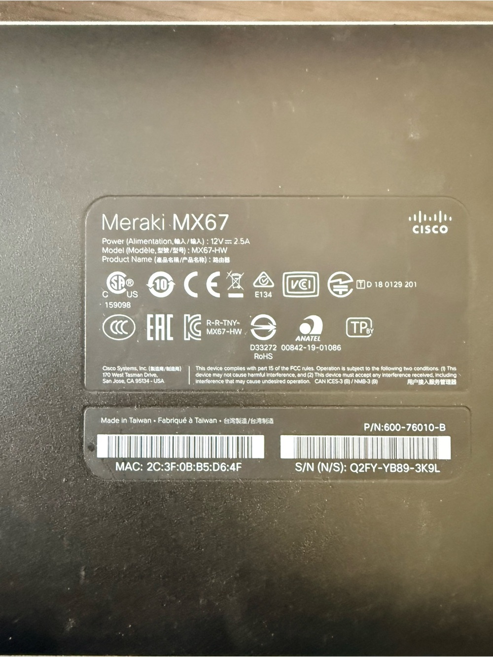 Cisco Meraki MX67 Switch